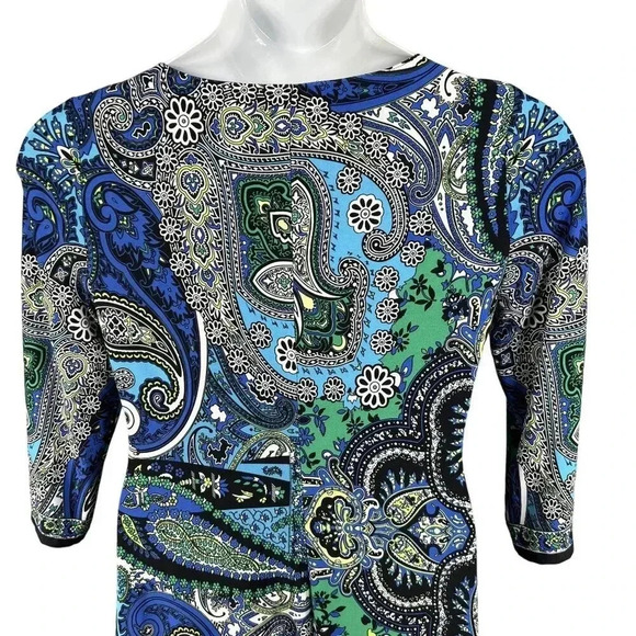 CHICOS 1 Medium Blue White Paisley 3/4 Sleeve Knit Bodycon Outdoor Shift Dress - Picture 8 of 16